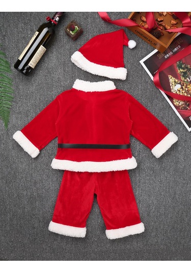 Bebek Erkek Noel Noel Baba Kostüm Kıyafet Uzun Kollu Kadife Üst + Pantolon Takımı Kırmızı