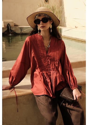 Manuka Nervür Detaylı Vual Tunik Turuncu