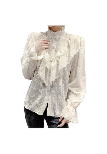 Moda Fırfır Vintage Bluz Kadınlar Zarif Uzun Kollu Dantel Gömlek Gevşek Şifon Gömlek Standı Yaka Pilili Blusas Tops 15832 Kayısı Açık Bej