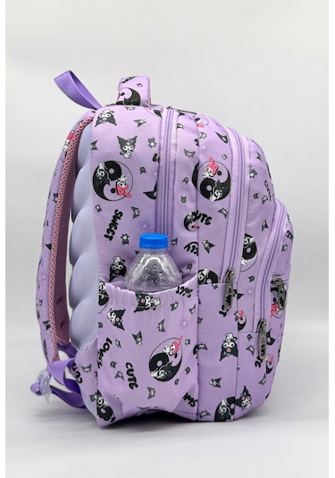Sevimli Karakter Desenli Beslenmeli İlkokul Çanta Seti Lila