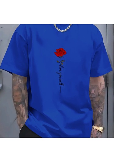 Guılan Erkek Yazlık %100 Pamuk Spor Tişört - Kırmızı Gül Desenli, Rahat Ve Gevşek Fitroyal Blue Royal Blue