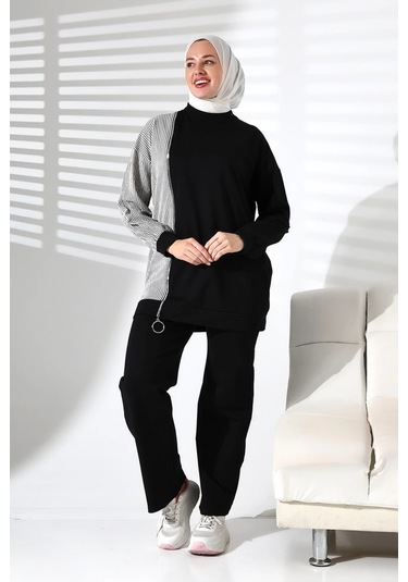 Kadın Mevsimlik Alt Ve Üst Rahat Siyah Spor Tesettür Takım Siyah