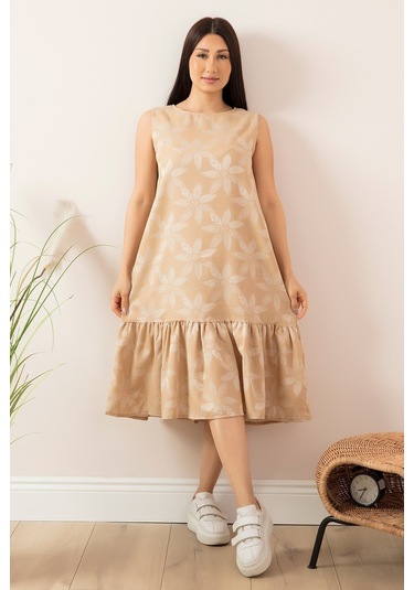 Kalopya Sıfır Kol Elbise 13391- Krem