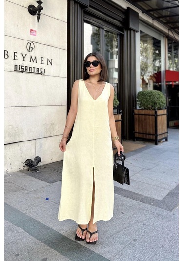 Sarı Askılı İthal Müslin Kumaş, Önü Ve Arkası V Yaka, Önden Yırtmaçlı, Maksi/uzun Salaş Elbise Sarı