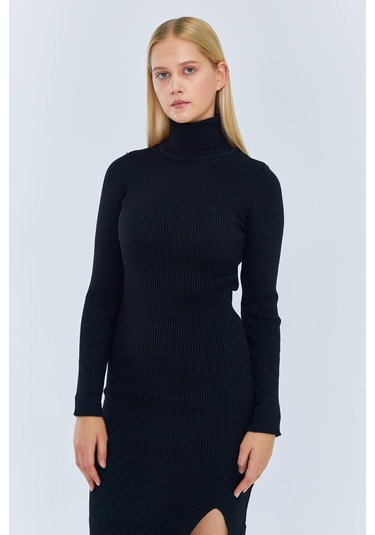 6889 Kadın Balıkçı Yırtmaçlı Uzun Triko Elbise Siyah Siyah