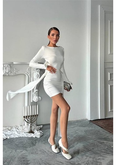 Neşeli Butik Kadın Yan Kurdele Detaylı Mini Elbise Nbdf167 Beyaz