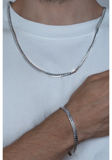 Silver Ezme Yassı Yılan Çelik Unisex Kolye Ve Bileklik Seti Eck36 Beyaz