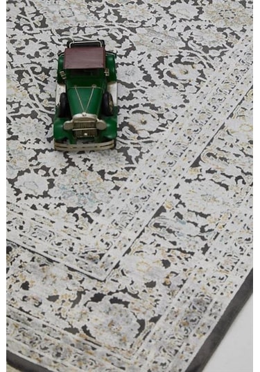 Çam Halı Buhara 3502 Siyah Romans Halı Eskitme Desenli Makine Halısı