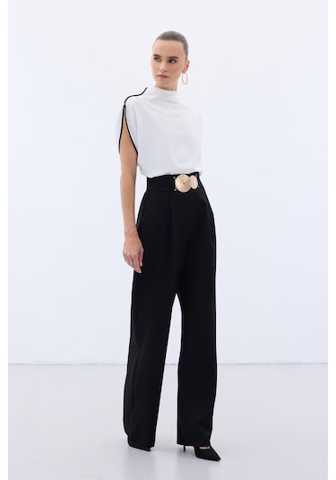 Sateen Aksesuarlı Pantolon - Siyah-136560 Siyah