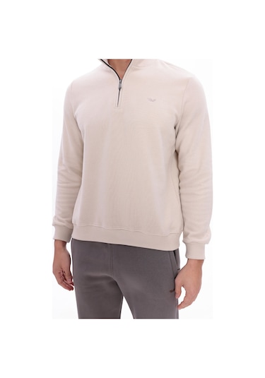Rowinger Yarım Fermuarlı Dik Yaka Selanik Örme Erkek Sweatshirt Beıge