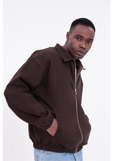 Freemen Erkek Basic Gabardin Kumaş Fermuarlı Oversize Mevsimlik Polo Yaka Ceket Kiremit