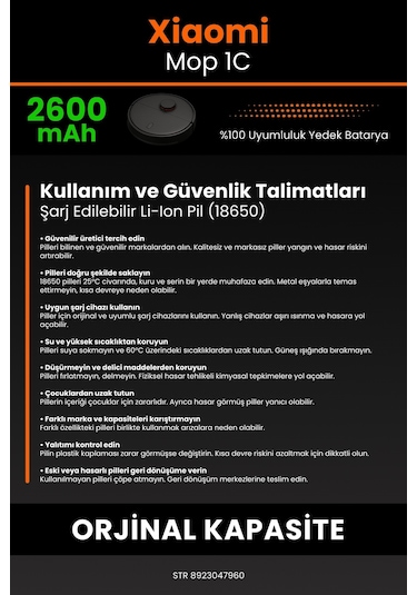 Xiaomi Mi Vacuum Mop 1c Uyumlu 2600.mah Batarya