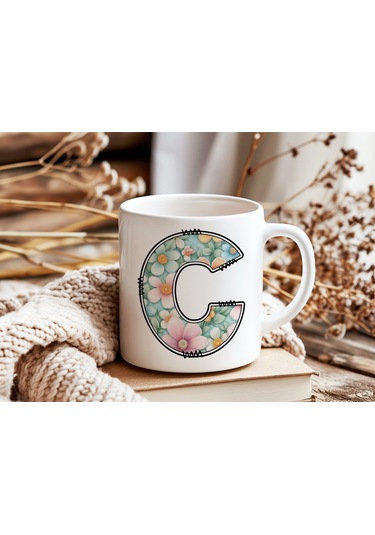 C Harfli Pastel Çiçek Desenli Kahve Kupası - Kişiye Özel Çiçekler Koleksiyonu Bardak - Hediye Beyaz