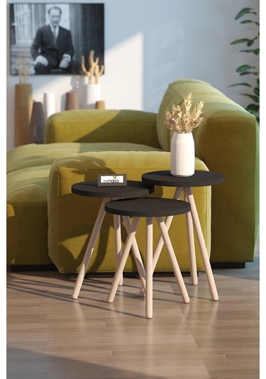 3'lü Zigon Sehpa Seti Saksılık Ve Çiçeklik Standı, Dekoratif Yan Sehpa Ahşap Ayaklı 33 Cm Çap - Siyah Siyah