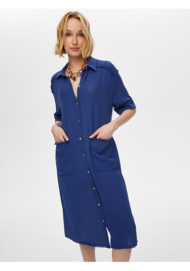 Püskül Şerit Detaylı Kendinden Dokulu Elbise S25elb037 Us25elb03727 Indigo