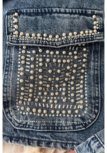 Lacarino 7660 Taşlı Kadın Jean Ceket Dark Blue Taşlı