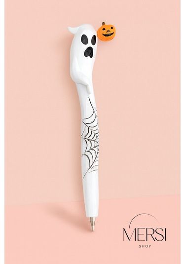 Halloween Hayalet Tükenmez Kalem Balkabağı Ve Örümcek Ağı Desenli Dekoratif Kalem 16cm Beyaz