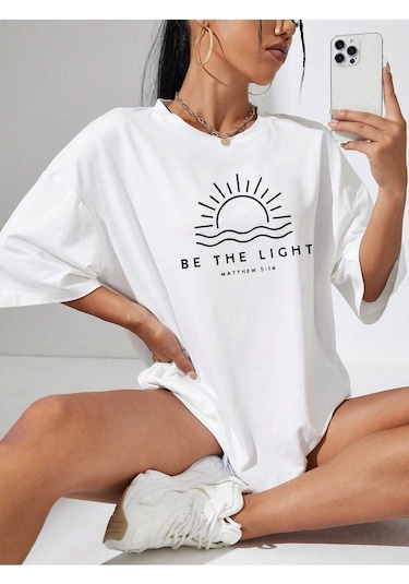 Be The Lıght Kadın Renkli Özel Baskılı Oversize Süprem Bisiklet Yaka T-shirt Beyaz