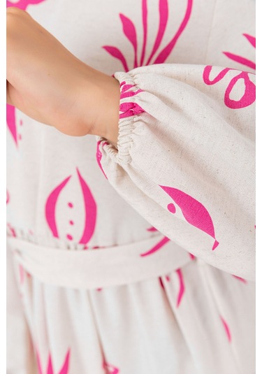 Desenli Yazlık Baharlık Keten Elbise 2103 Pembe