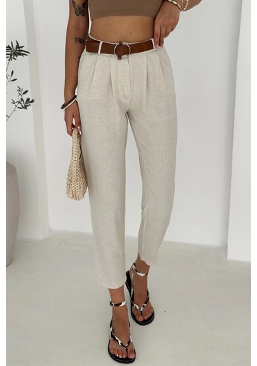 Kemer Detaylı Keten Pantolon Krem Krem