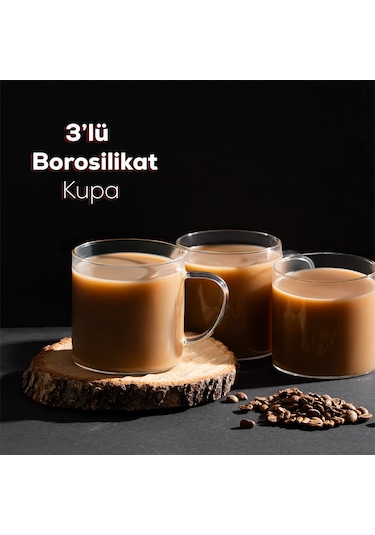 Porsima Pbt-589 Borosilikat Isıya Ateşe Dayanıklı Cam Kulplu 3 Lü Çay Bardağı Kahve Bardak Seti Kupa Şeffaf 350ml Şeffaf