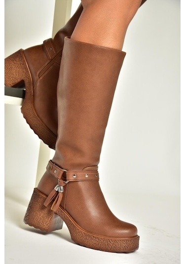 Fox Shoes T996224009 Taba Kalın Topuklu Kadın Çizme Taba