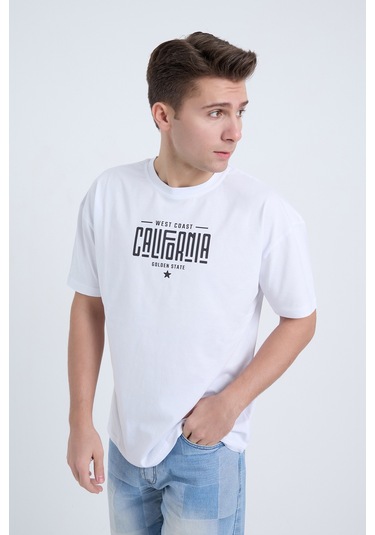Erkek Oversize Baskılı T-shirt Beyaz California Beyaz