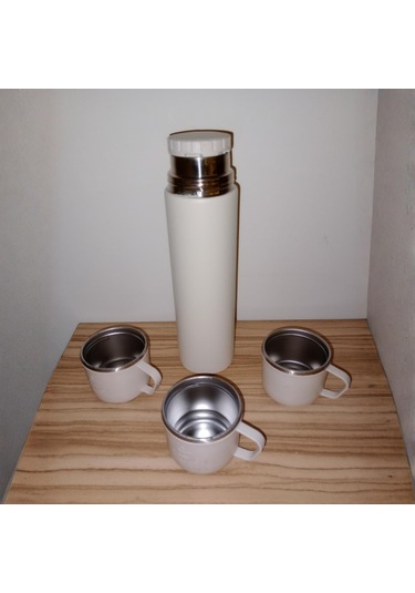 Paslanmaz Çelik 3 Bardaklı Matara Seti-500 Ml Krem