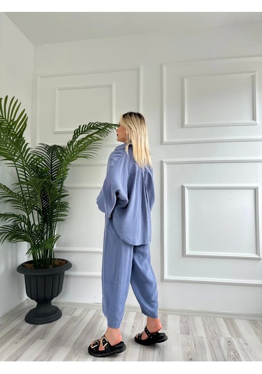 Keymoda Kadın Gömlek Pantolon Takım Gri Mavi Gri Mavi