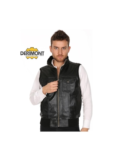 Hakiki Deri Siyah Jack Beli Lastikli Erkek Deri Yelek Siyah