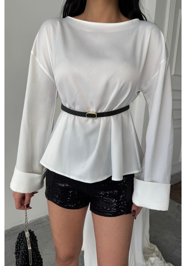Soonaksesuar Kemer Detaylı Saten Bluz - Beyaz Beyaz