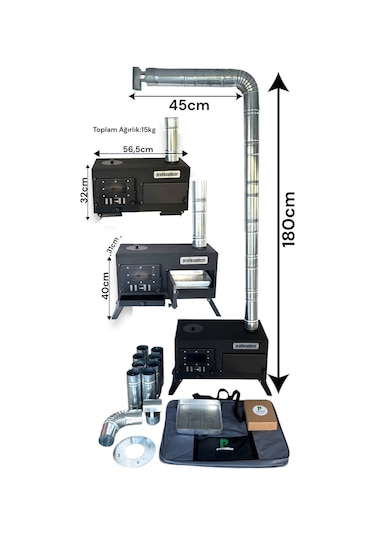 Katlanır Ayaklı Kuzineli Kamp Ve Çadır Sobası - Ful Set Çantalı