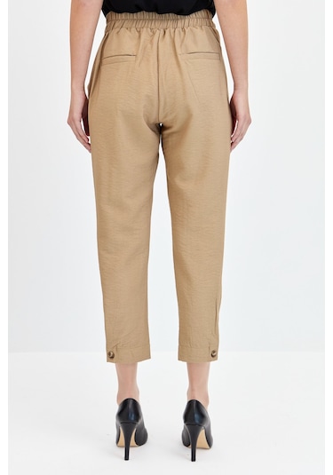 Kadın Geniş Kemerli Paçası Düğmeli Keten Pantolon Camel Camel