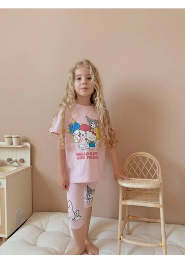 Kız Çocuk Kısa Taytlı Hello Kitty Kuromi Basklı Pamuk Takım Pembe