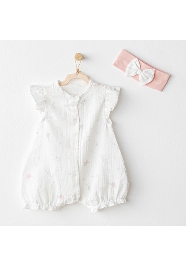 Kız Bebek Tulum Takim Romper Band Set Love Family Muslin Ac25504 Ekru