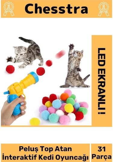 Chesstra Evcil Hayvan Tabancalı Hareketli 30 Peluş Toplu Top Atan İnteraktif 31 Parça Kedi Oyuncağı