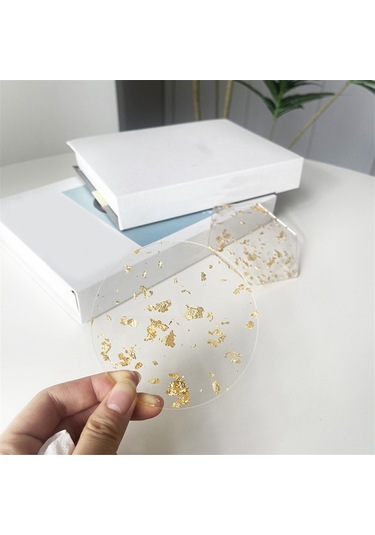 Altın Varak Akrilik Bardak Altlıkları 6 Adet İçecekler İçin İskandinav Tarzı, 9.5cm Şeffaf
