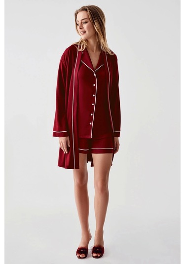 Freshness 324 Kadın 4'lü Sabahlıklı Şorlu Pijama Takımı Bordo