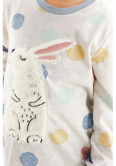 Kız Çocuk Pamuklu Uzun Kollu Tavşanlı Pijama Takımı-11393 Bej