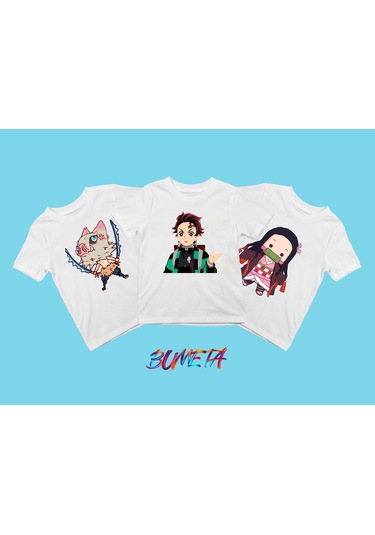 Bumeta Anime Cute Karakter Baskılı Çocuk Tişört 3 Lü Set Beyaz