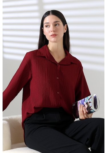 Ribana Regular Fit Uzun Kollu Durres Dokulu Kadın Gömlek Bordo Ribana Regular Fit Uzun Kollu Durres Dokulu Kadın Gömlek Bordo