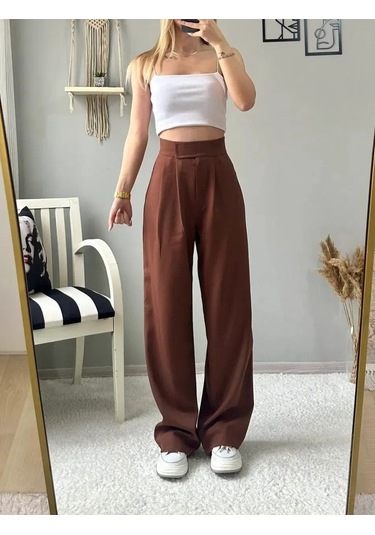 Kadın Likralı Cırt Kapama Lacivert Geniş Paçalı Rahat Palazzo Pantolon Kahverengi