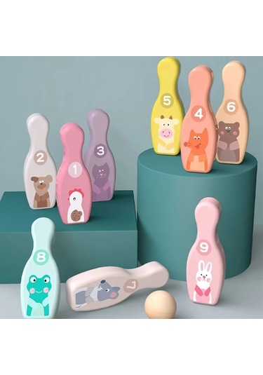 Elmpaly 1 Takım Ahşap Bowling Seti 9 Şişe Ve 1 Top İç Ve Dış Mekan Eğlencesi Noel Ve Cadılar Bayramı İçin İdeal Hediye Gri