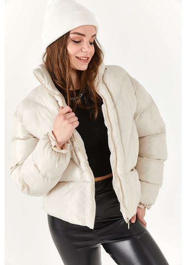 Alisse-kadın Taş Dik Yaka Kısa Şişme Mont Taş