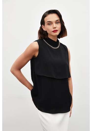 Sateen Aksesuar Detaylı Volanlı Bluz - Siyah