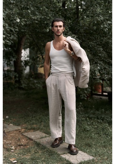 Carlo Naturel Keten Erkek Pantolon Natürel