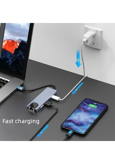 Honeybeeshop Usb C Hub 5i 1 Arada 100m Usb Cden 4k Hdtvye Ethernet Portlu Cok Baglanti Noktali Adaptor 100w Pd Tip C Sarj Portu Usb 3 0 2 0