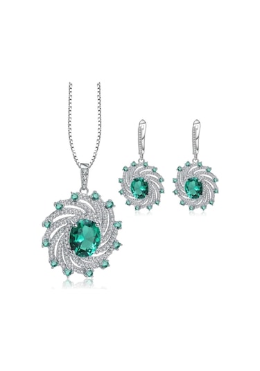 Brezza Lusso Jewelry Zümrüt Oval Taşlı Luxury Vintage Kadın Gümüş Kolye Küpe Set