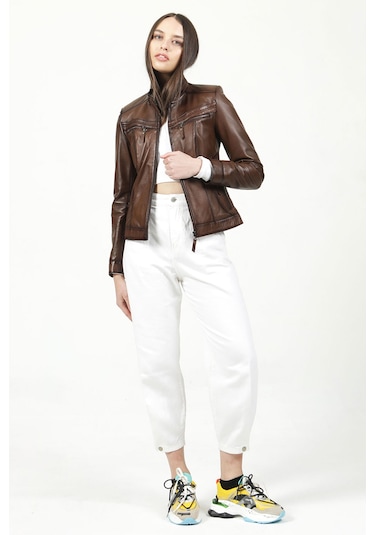 Dericlub Yb-2107 Gerçek Deri Kadın Mont Camel