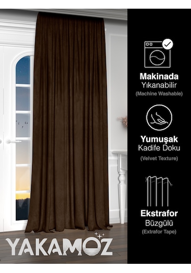 Yakamoz Kadife Görünüm Çikolata Kahvesi Ada Fon Perde Ekstraforlu Velvet Touch Serisi Çikolata Kahvesi